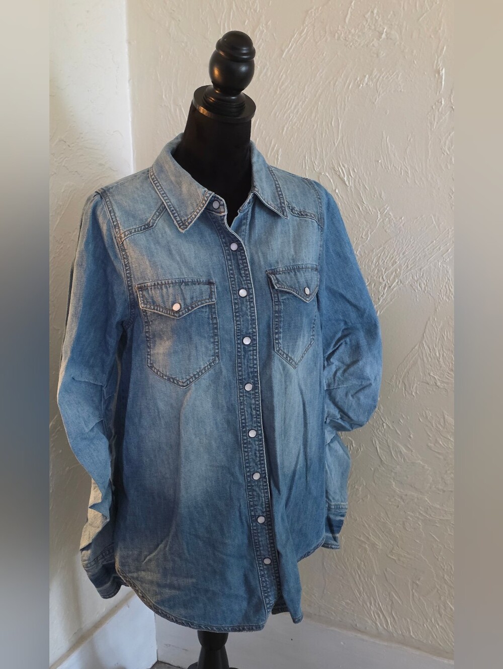 We The Free Denim Shirt, Pearl Snaps, Ruched Sleeves